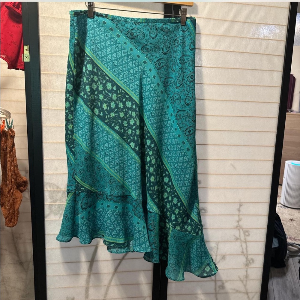 Vintage y2k asymmetrical hem teal green boho Patterned Skirt